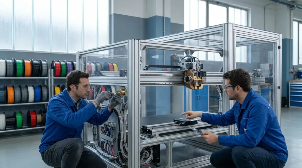 Engineers working on a large 3D printer with filament spools in background.