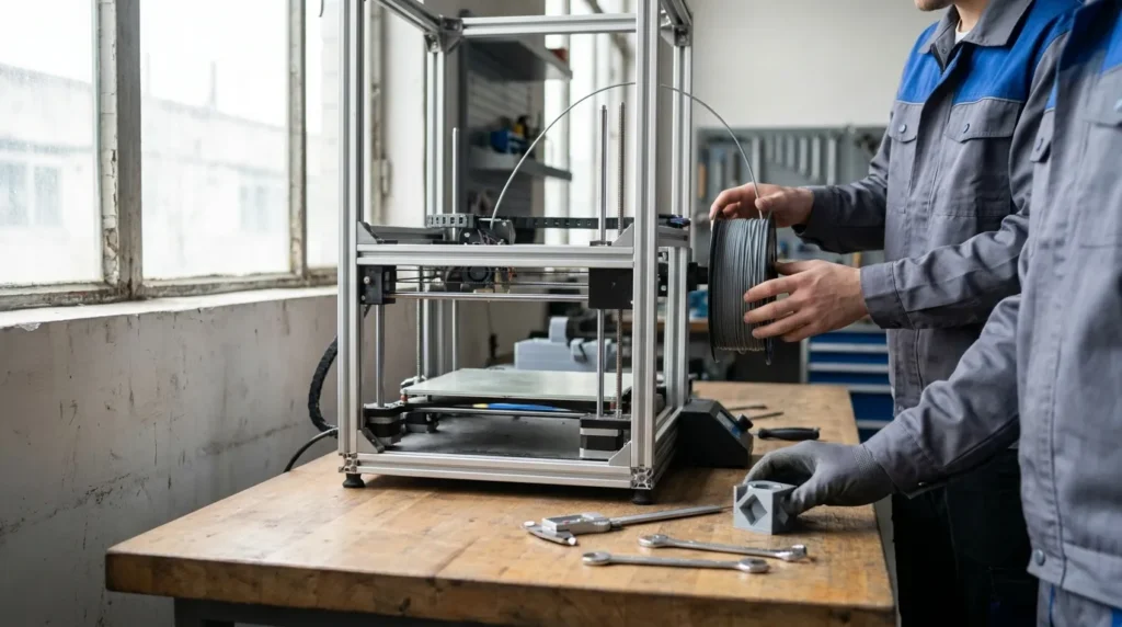 Two technicians loading filament into a 3D printer with tools nearby.
