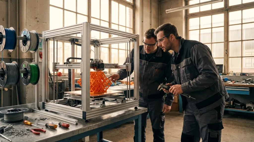 Two engineers inspect a large 3D printer creating an orange lattice structure.
