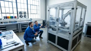 Engineers in lab coats inspect robotic arm assembly in industrial setting.