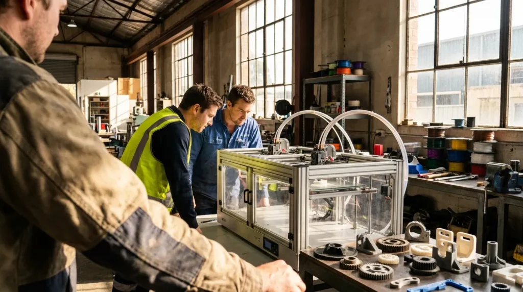 Engineers examine a large 3D printer in a workshop, discussing manufacturing solutions.