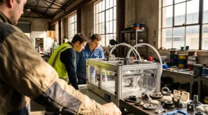 Engineers examine a large 3D printer in a workshop, discussing manufacturing solutions.