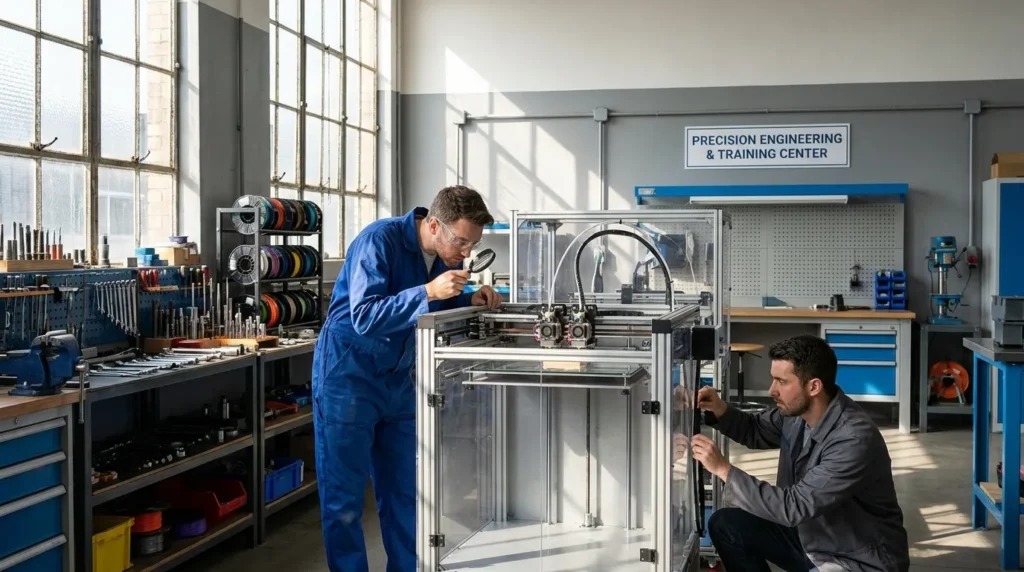 Two engineers inspect a large 3D printer in a precision engineering center.
