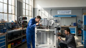 Two engineers inspect a large 3D printer in a precision engineering center.