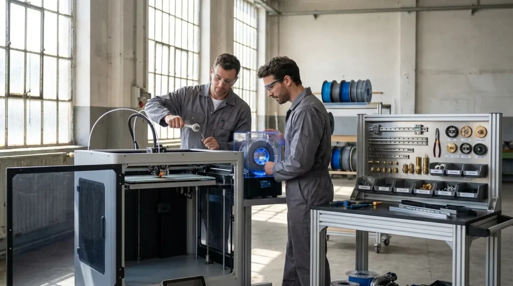 Two engineers in a workshop operate a 3D printer and organize tools.