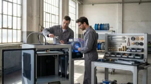Two engineers in a workshop operate a 3D printer and organize tools.