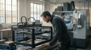 Engineers in a workshop using a 3D printer and CNC machine for manufacturing.