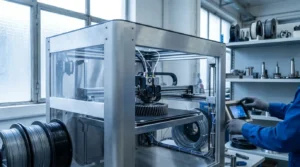 Industrial 3D printer operating with a large gear on its build plate.