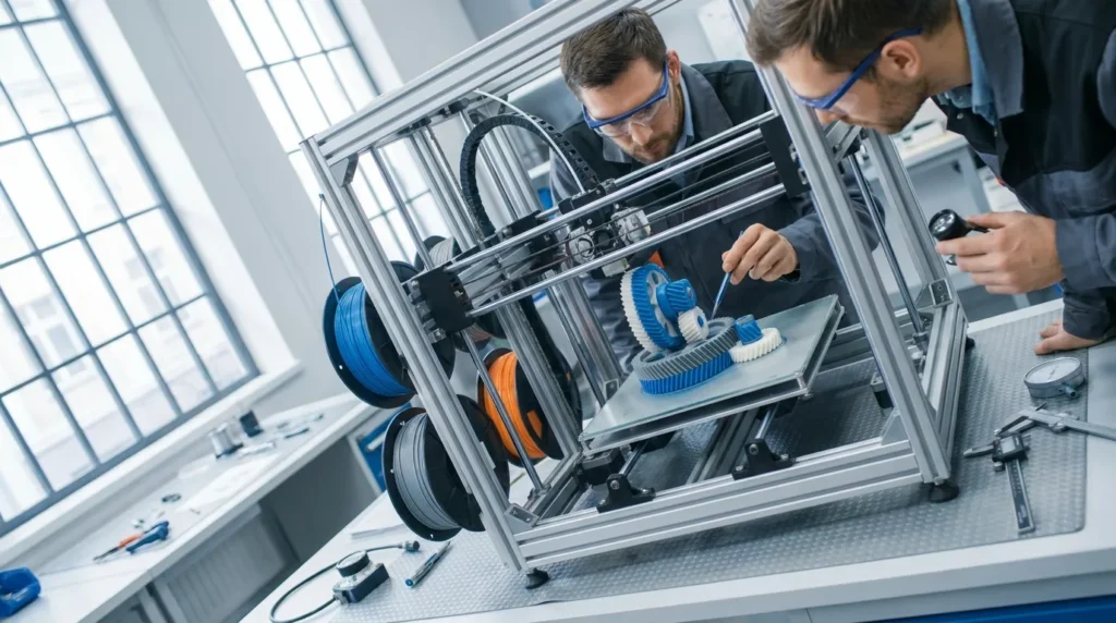 Engineers examine 3D printed gears on a professional 3D printer, showcasing additive manufacturing technology.