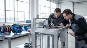 Two engineers inspect a large 3D printer with filament spools nearby.