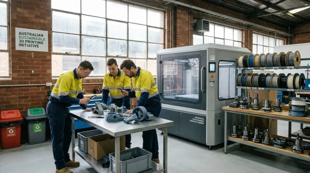 Australian Sustainable 3D Printing Initiative team inspects 3D printed parts.