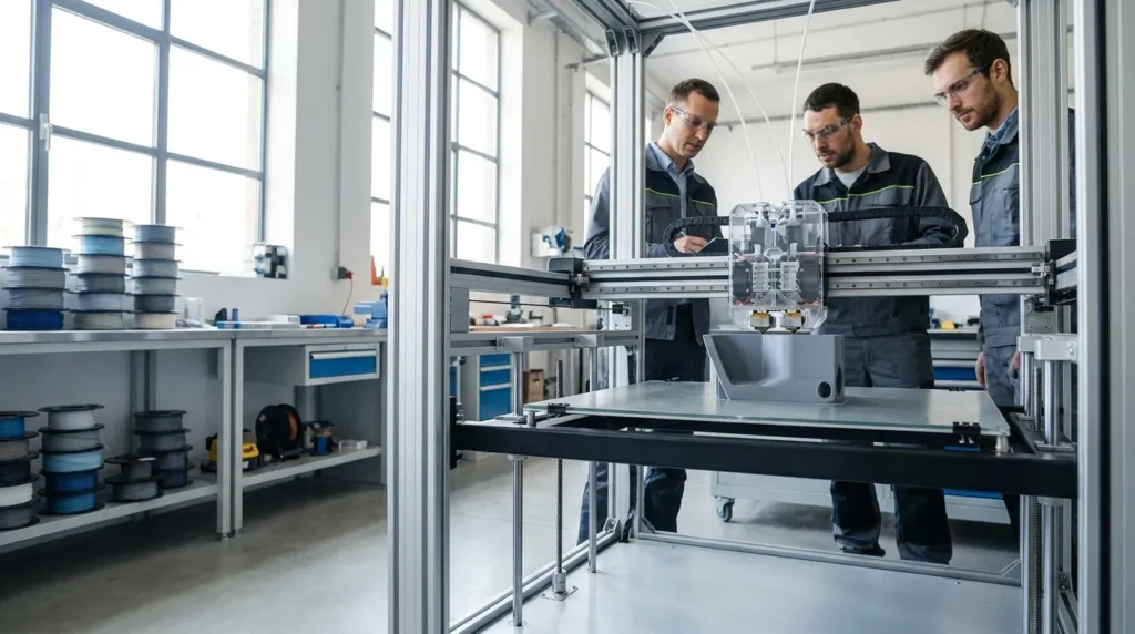 Engineers in lab coats observe a 3D printer in a modern workshop.