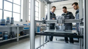 Engineers in lab coats observe a 3D printer in a modern workshop.