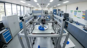 3D printer creating a blue and white gear in a modern lab