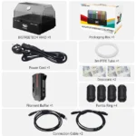 BIGTREETECH ViViD multi-color filament dryer box contents: dryer, power cord, tube, desiccant, buffers, rings, cables.