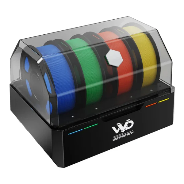 BIGTREETECH ViViD multi-color filament dryer box with five spools of filament.