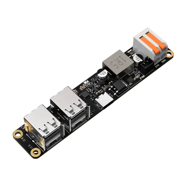 Black circuit board with two USB 2.0 ports, a USB-C port, and a terminal block connector.