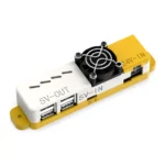 Yellow and white 4-port USB 2.0 hub with a cooling fan and 24V DC input.