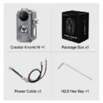 Creator Knomi Hi accessory pack: camera unit, box, power cable, and hex key.