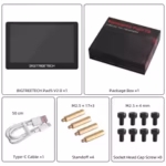 BTT PAD5 v2.0 touchscreen display with USB-C cable, standoffs, and screws.