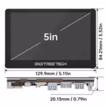 BTT PAD5 v2.0 5-inch touchscreen display with dimensions and USB ports.