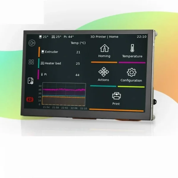FLY HDMI7 LCD HDMI Display Touch Screen showing 3D printer interface with temperature and print status.